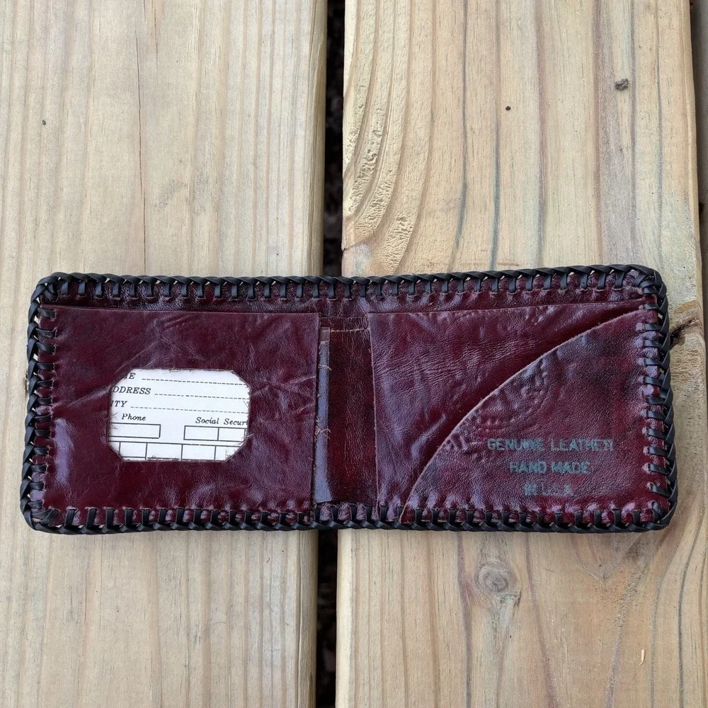 Vintage Leather Wallet Sportsman Hand Tooled Whipstitch USA Made Bifold Florida